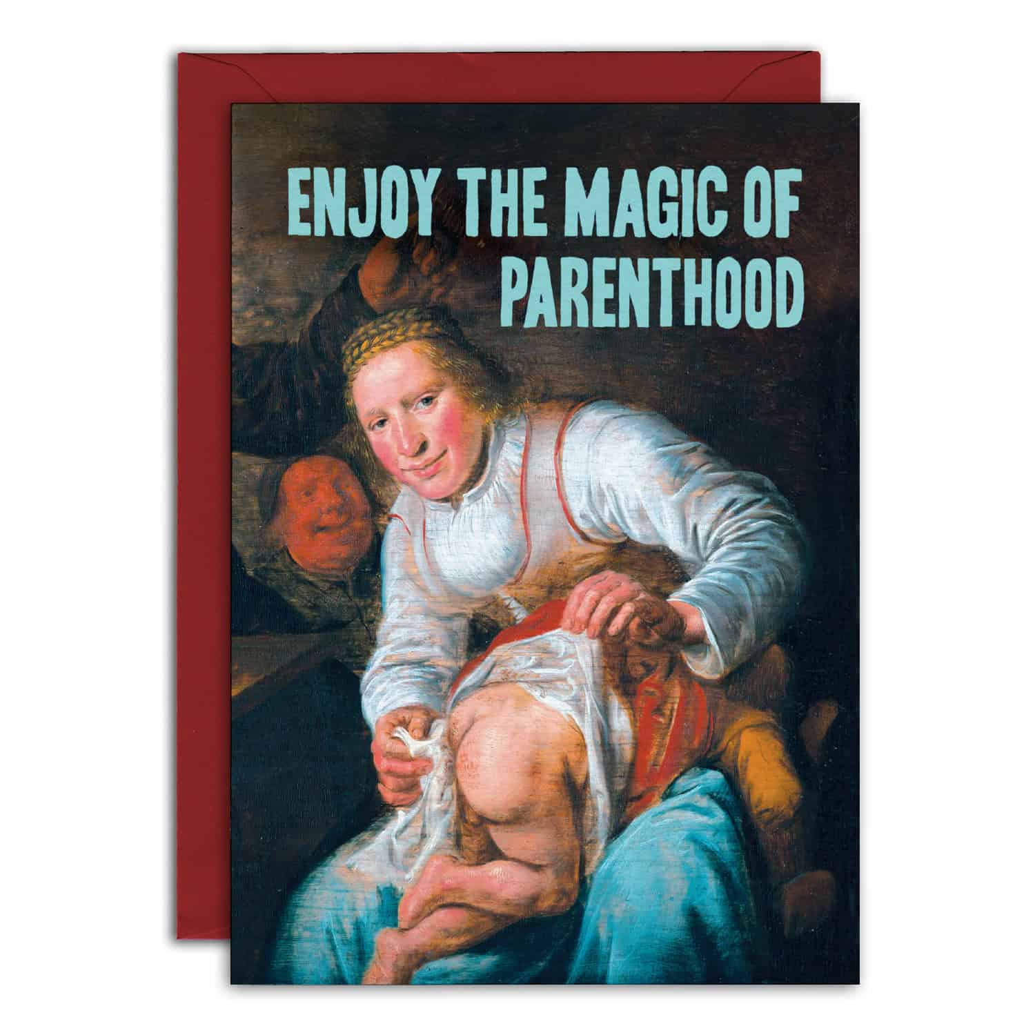Card with classical painting of a woman holding a child, text 'Enjoy the Magic of Parenthood', red envelope.