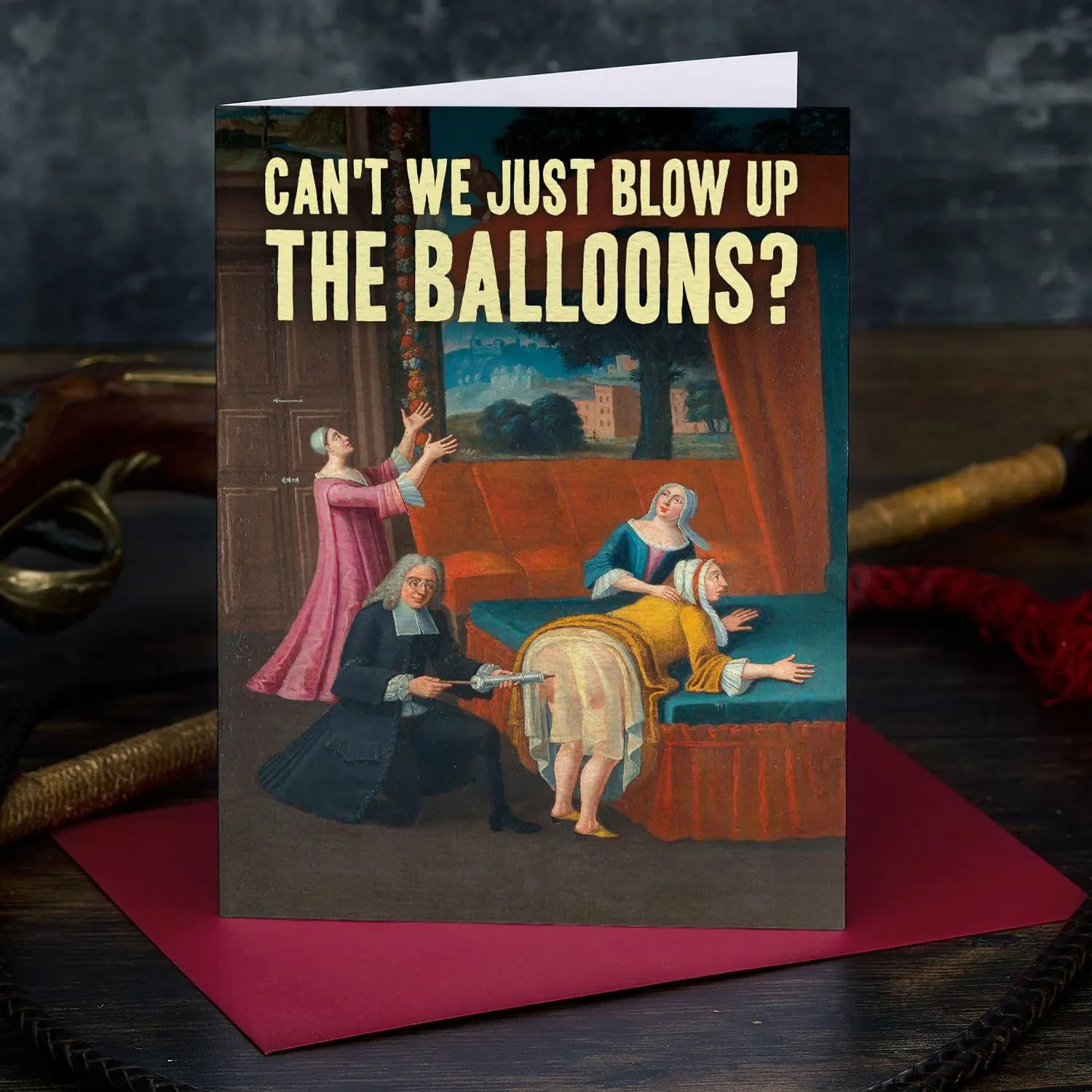 Card with classical painting parody and humorous text on a dark background