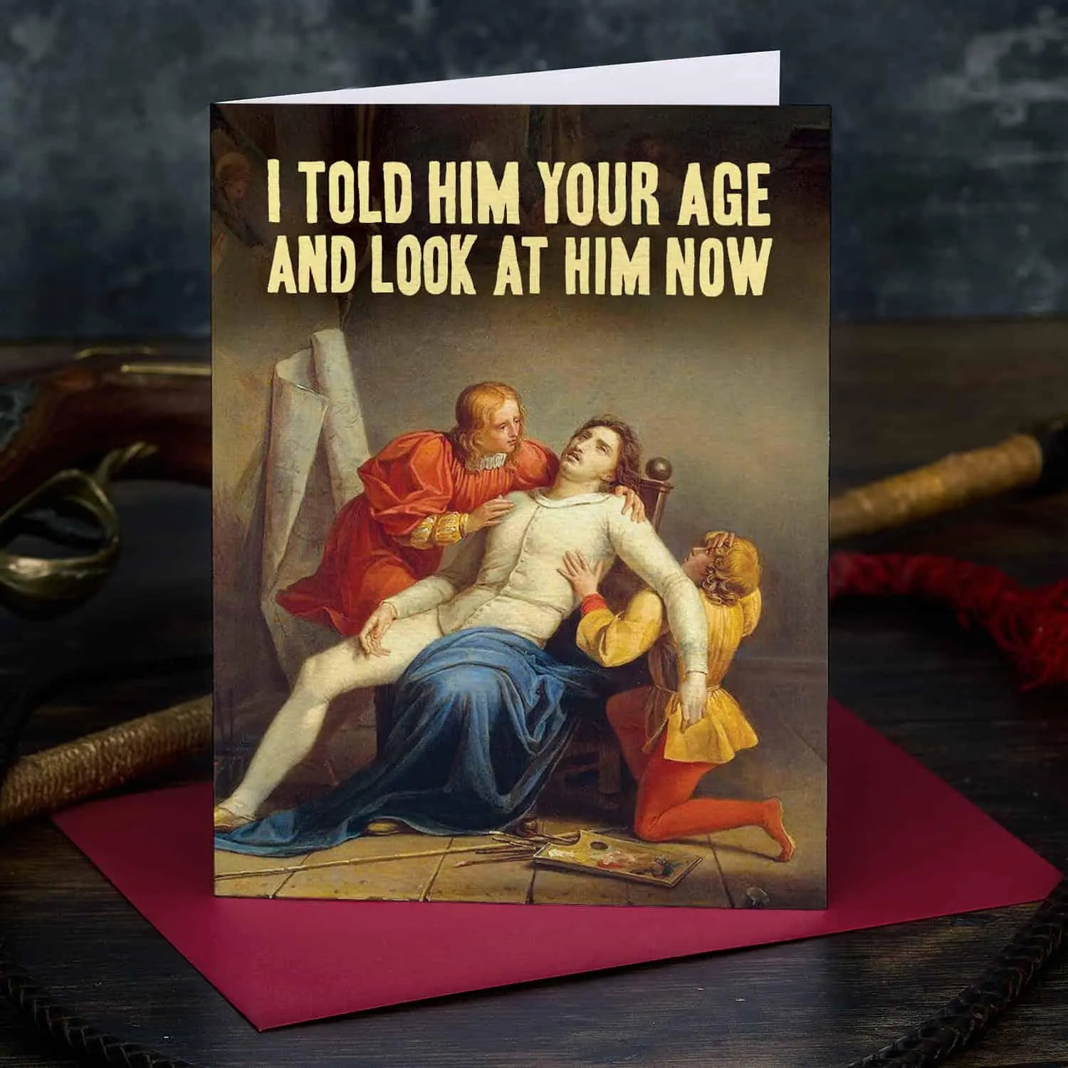 Greeting card with classical painting and humorous text on a dark background