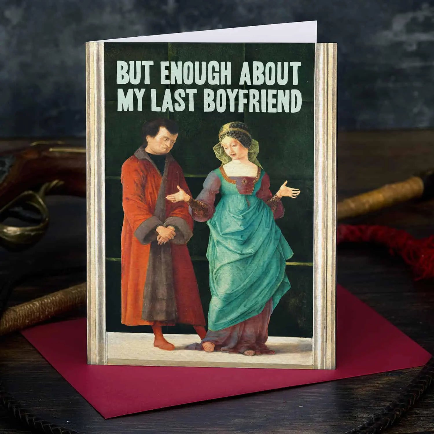 Card with classical painting of a couple and humorous text on a dark background