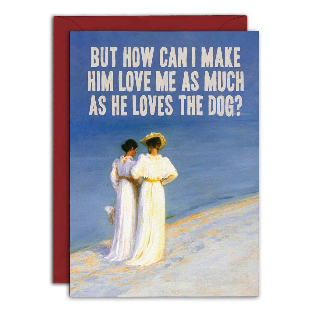Card with two women in white dresses on a beach, overlaid with humorous text.