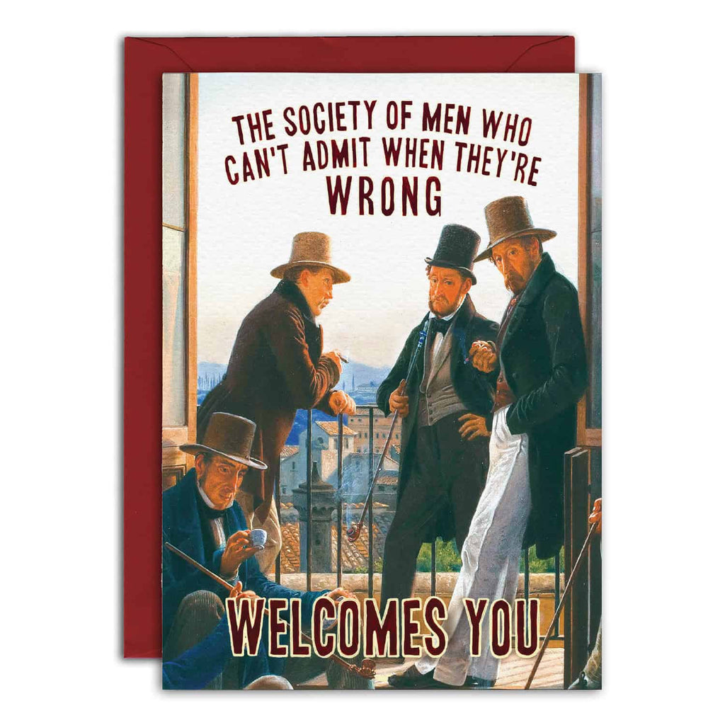 Card with vintage-style illustration of men on a balcony and humorous text.
