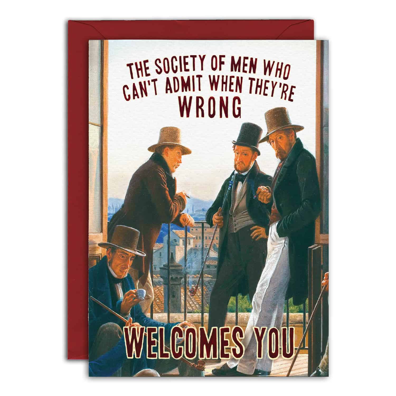 Card with vintage-style illustration of men on a balcony and humorous text.