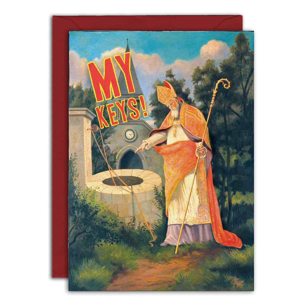 Card with a religious figure and 'MY KEYS!' text in an outdoor setting