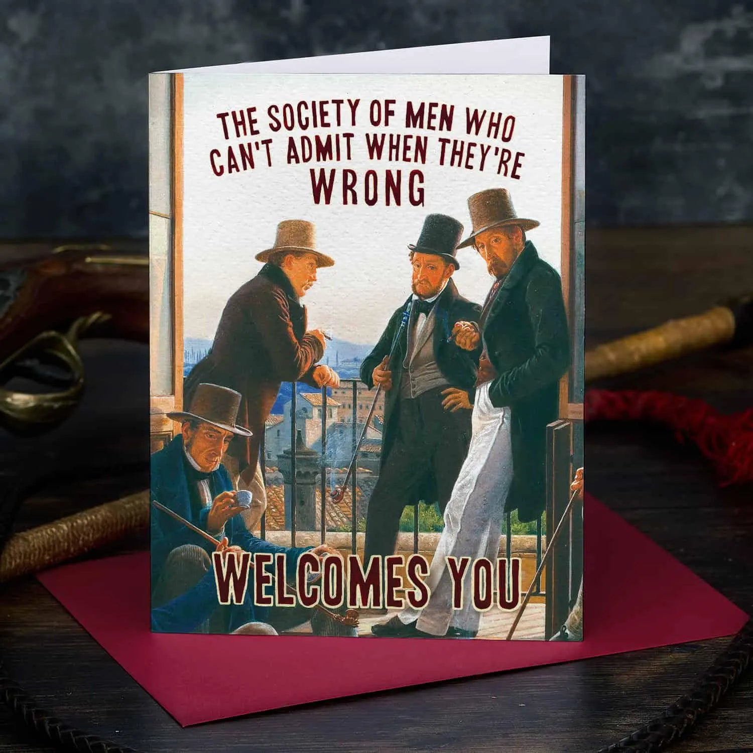 Card with illustration of four men on a balcony and text about admitting mistakes, on a dark background.