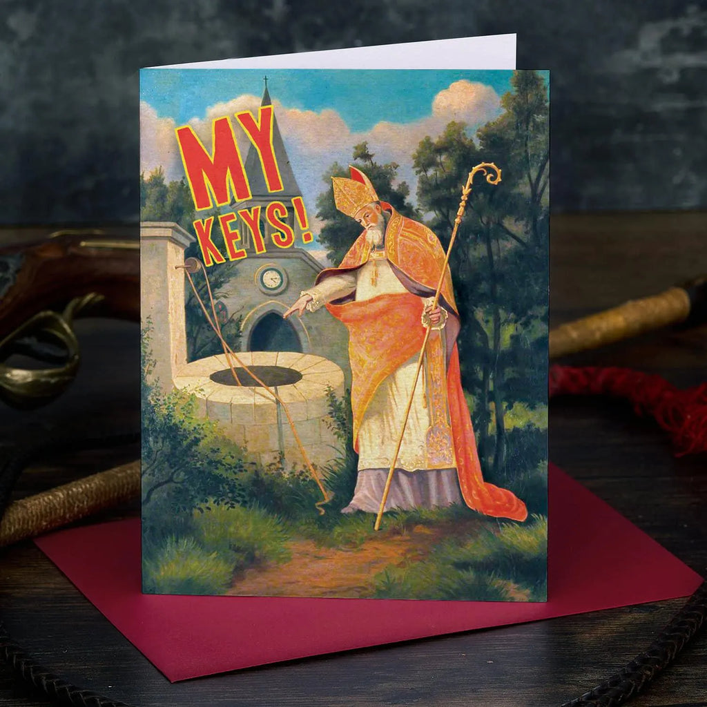 Greeting card with a character holding keys and text 'MY KEYS!' on a fantasy-themed background.