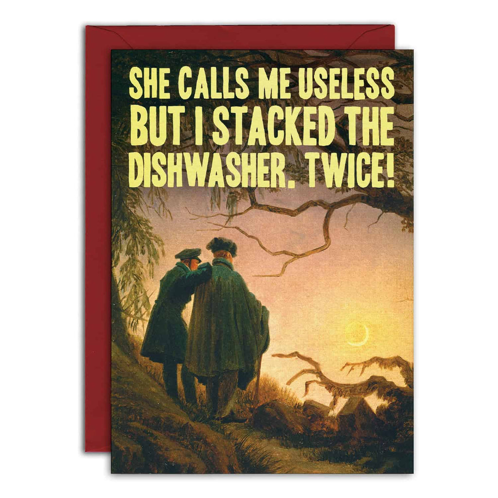 Card with two people in a forest and humorous text about stacking the dishwasher.