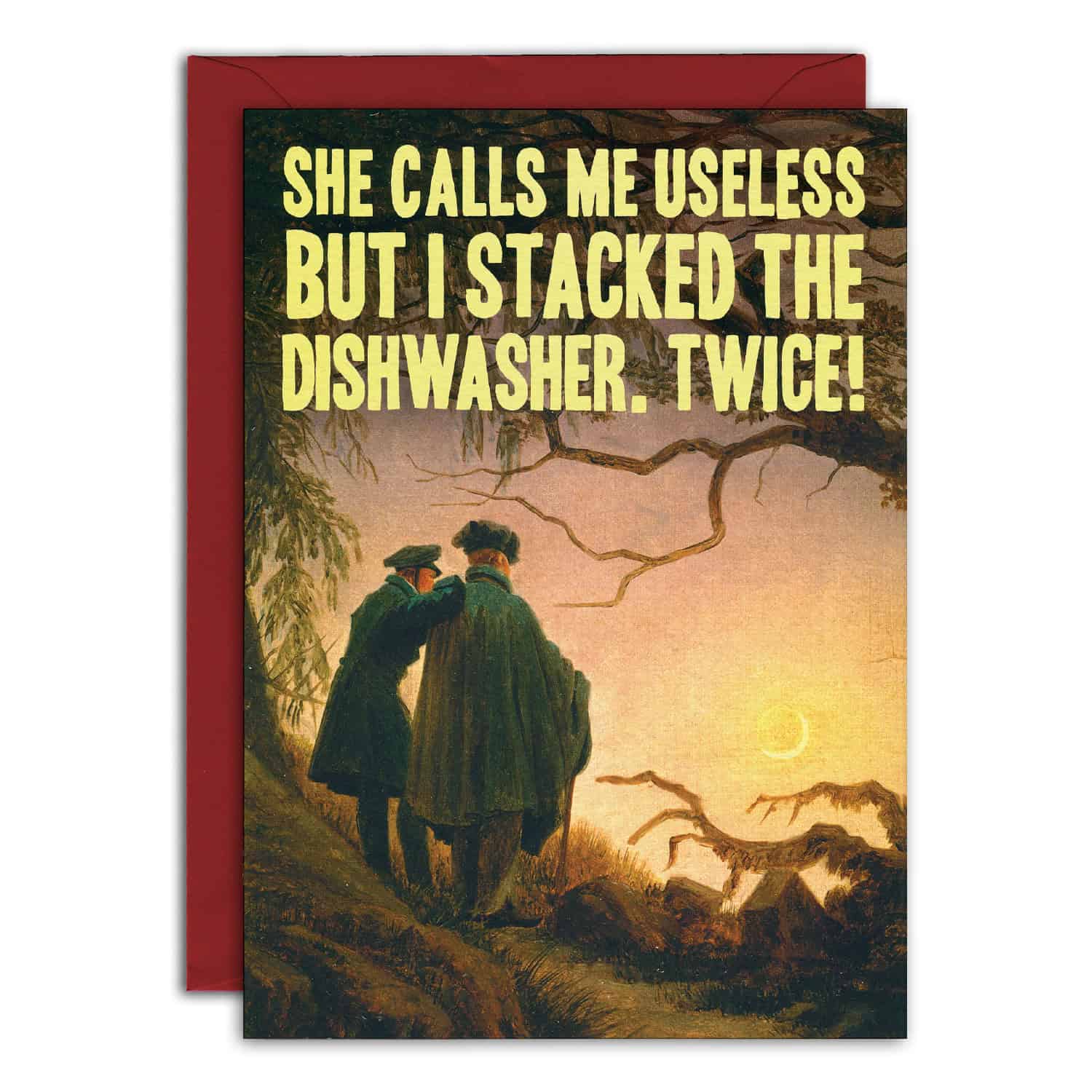 Card with two people in a forest and humorous text about stacking the dishwasher.