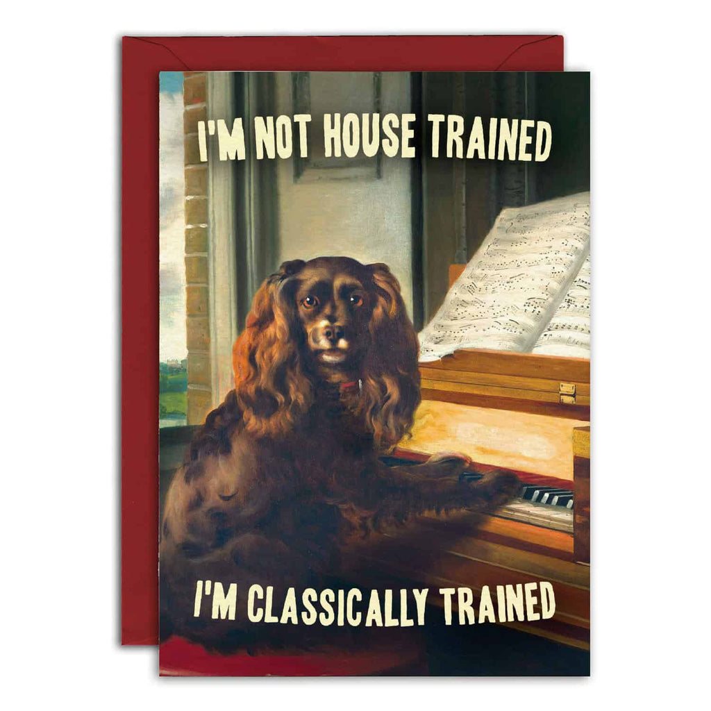 Card with a dog sitting at a piano and humorous text, featuring a red border.