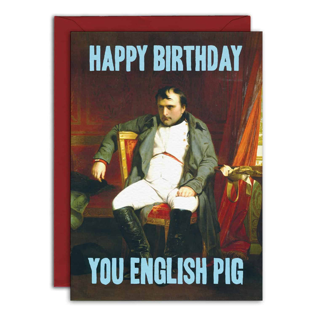 Birthday card with a historical figure and humorous text on a white background
