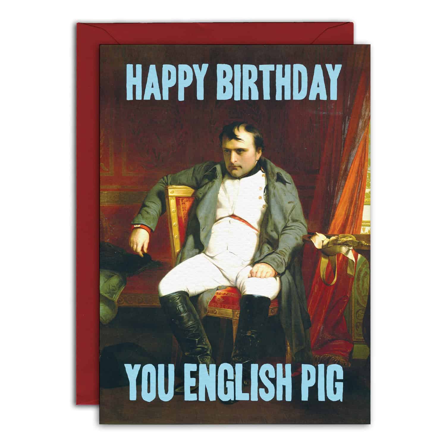Birthday card with a historical figure and humorous text on a white background