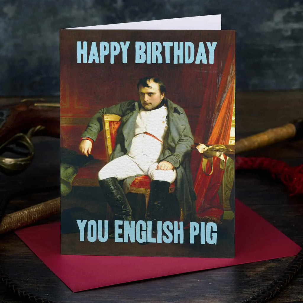 Birthday card with historical figure and humorous text on a dark background
