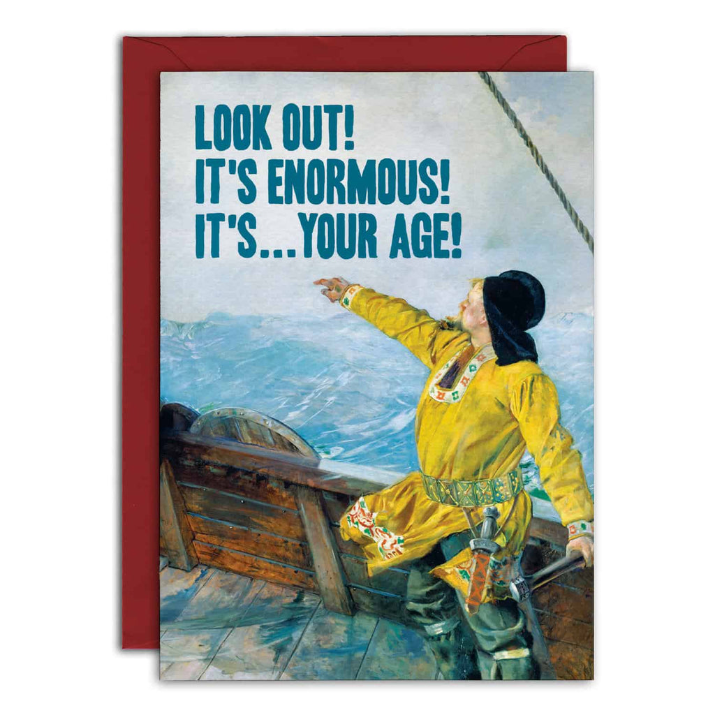 Greeting card with a person in a yellow coat on a ship and humorous text about age.