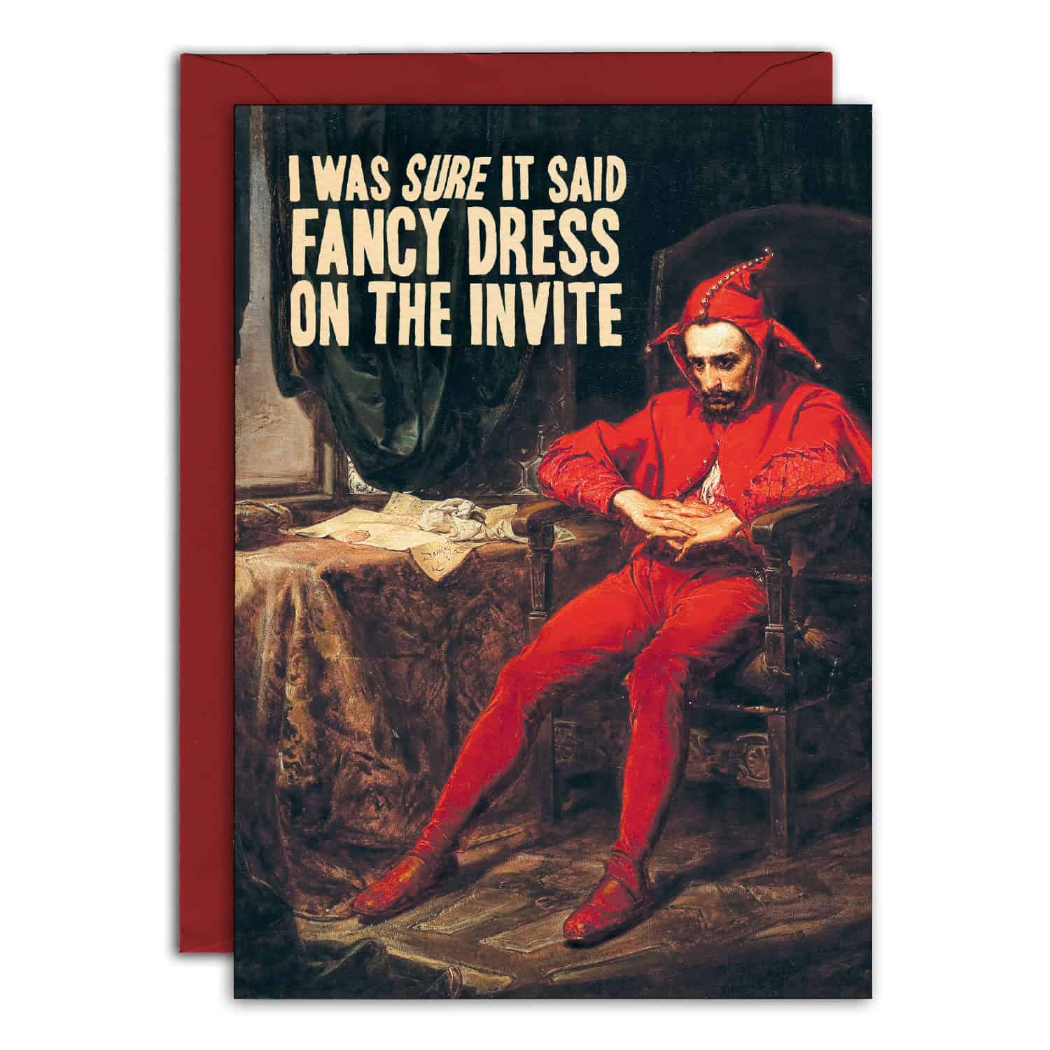 Card with a painting of a man in red attire and humorous text on a white background