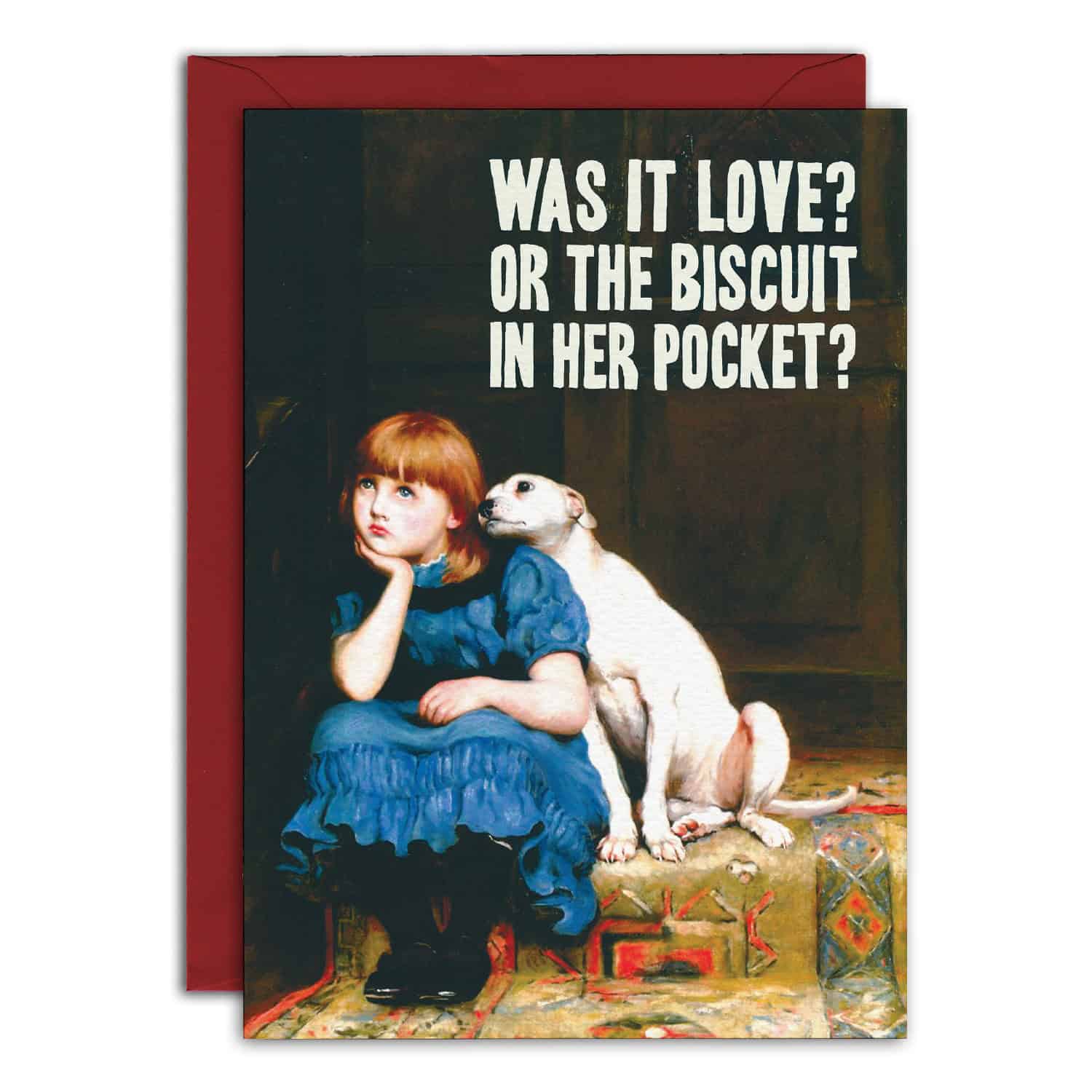 Card with a vintage-style illustration of a girl and dog, text 'Was it love? Or the biscuit in her pocket?'
