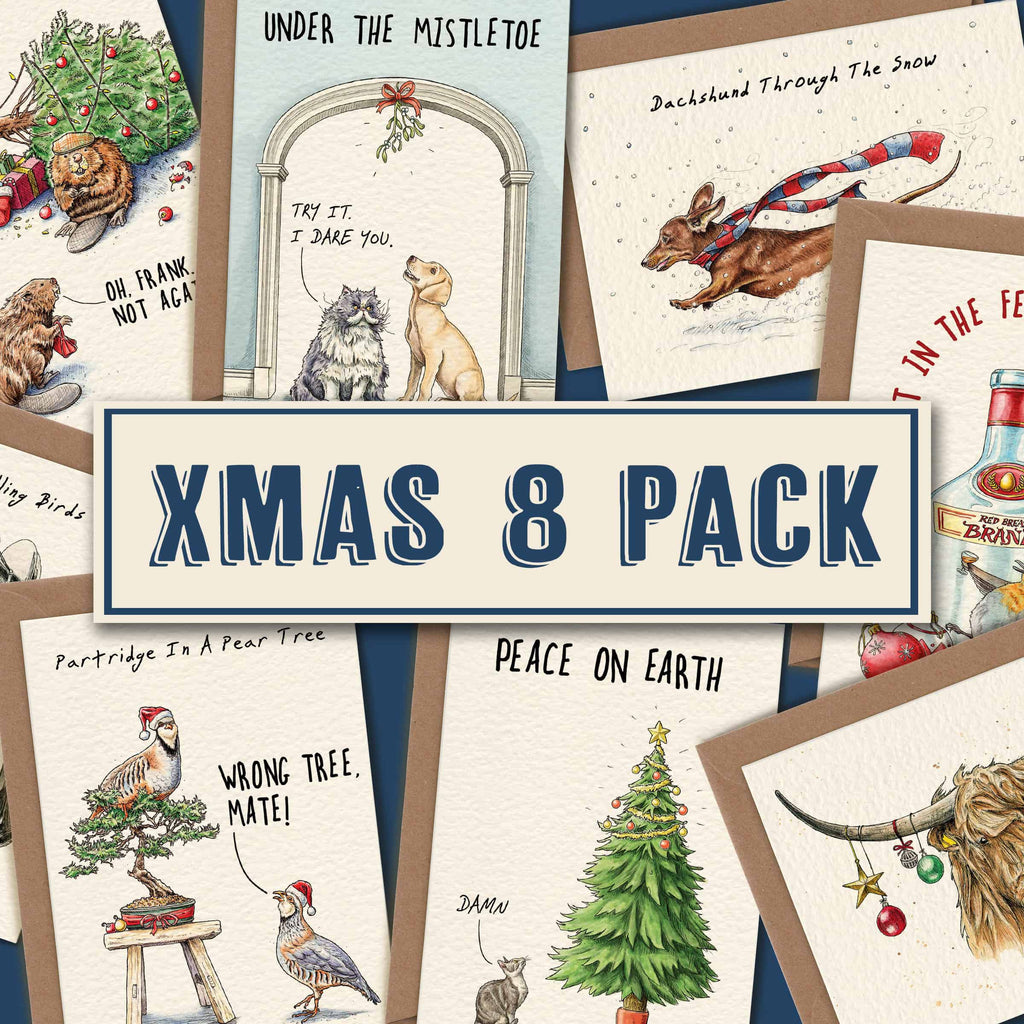 Collection of Christmas cards with various designs and a 'XMAS 8 Pack' label.