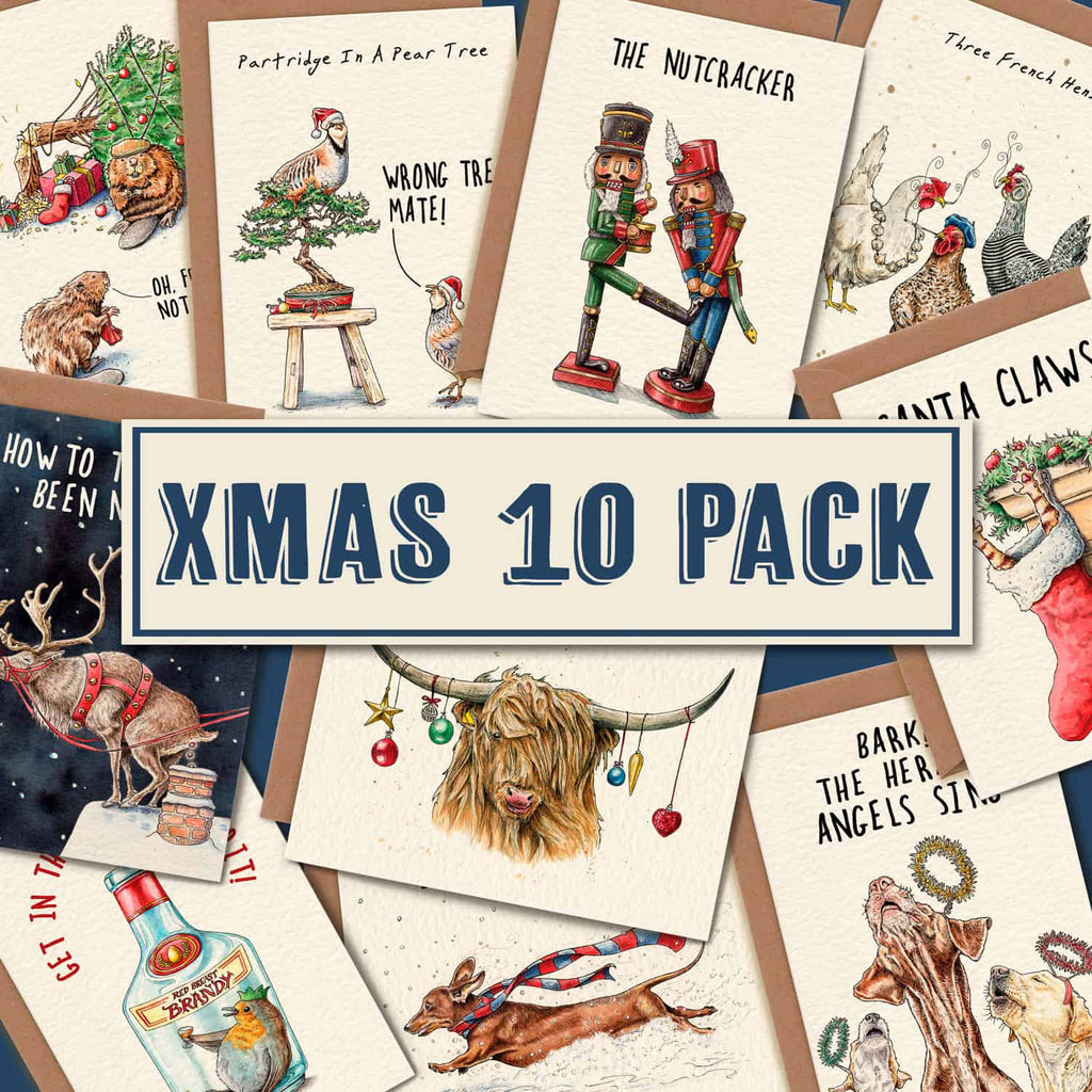 Collection of Christmas-themed cards with various illustrations and text.