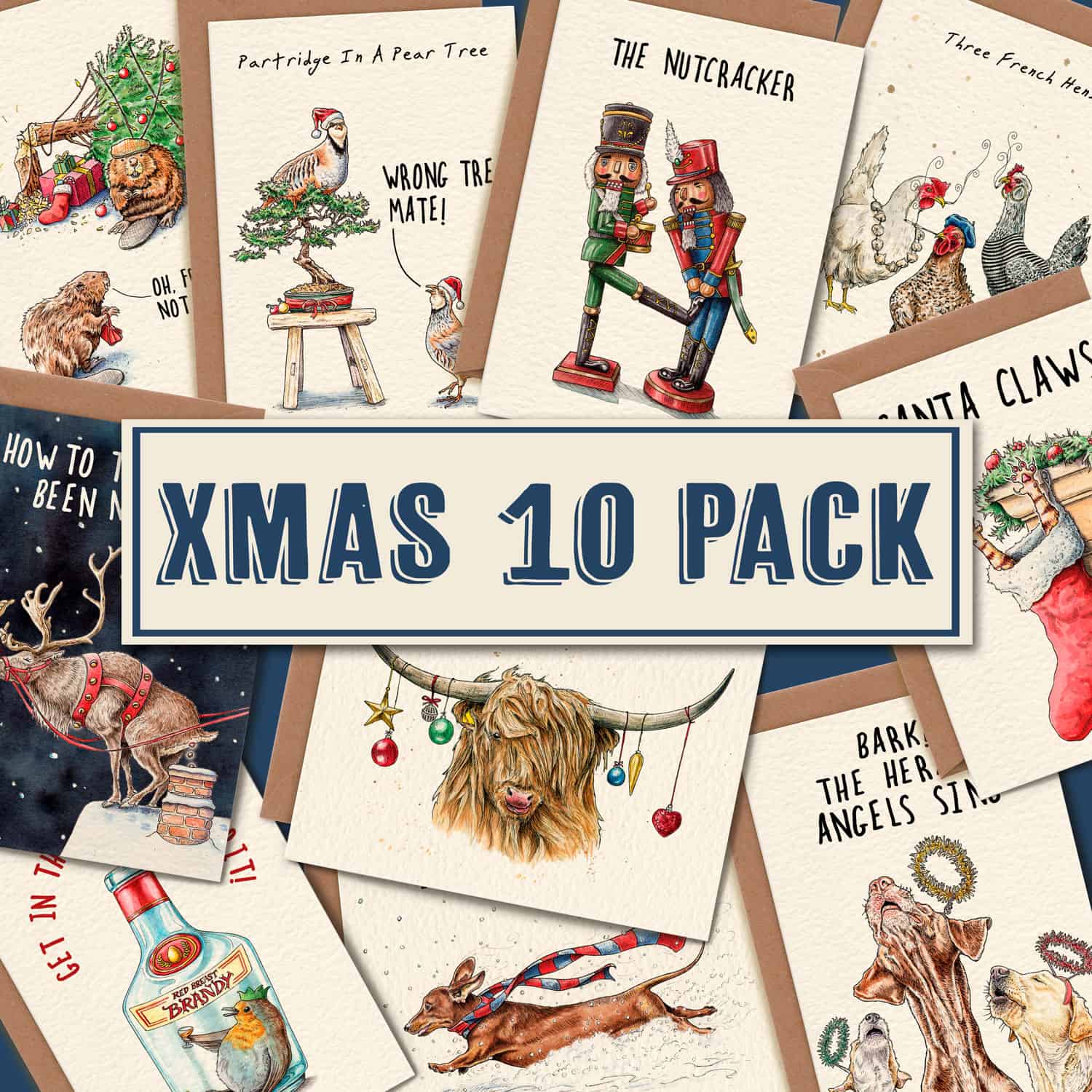 Collection of Christmas-themed cards with various illustrations and text.