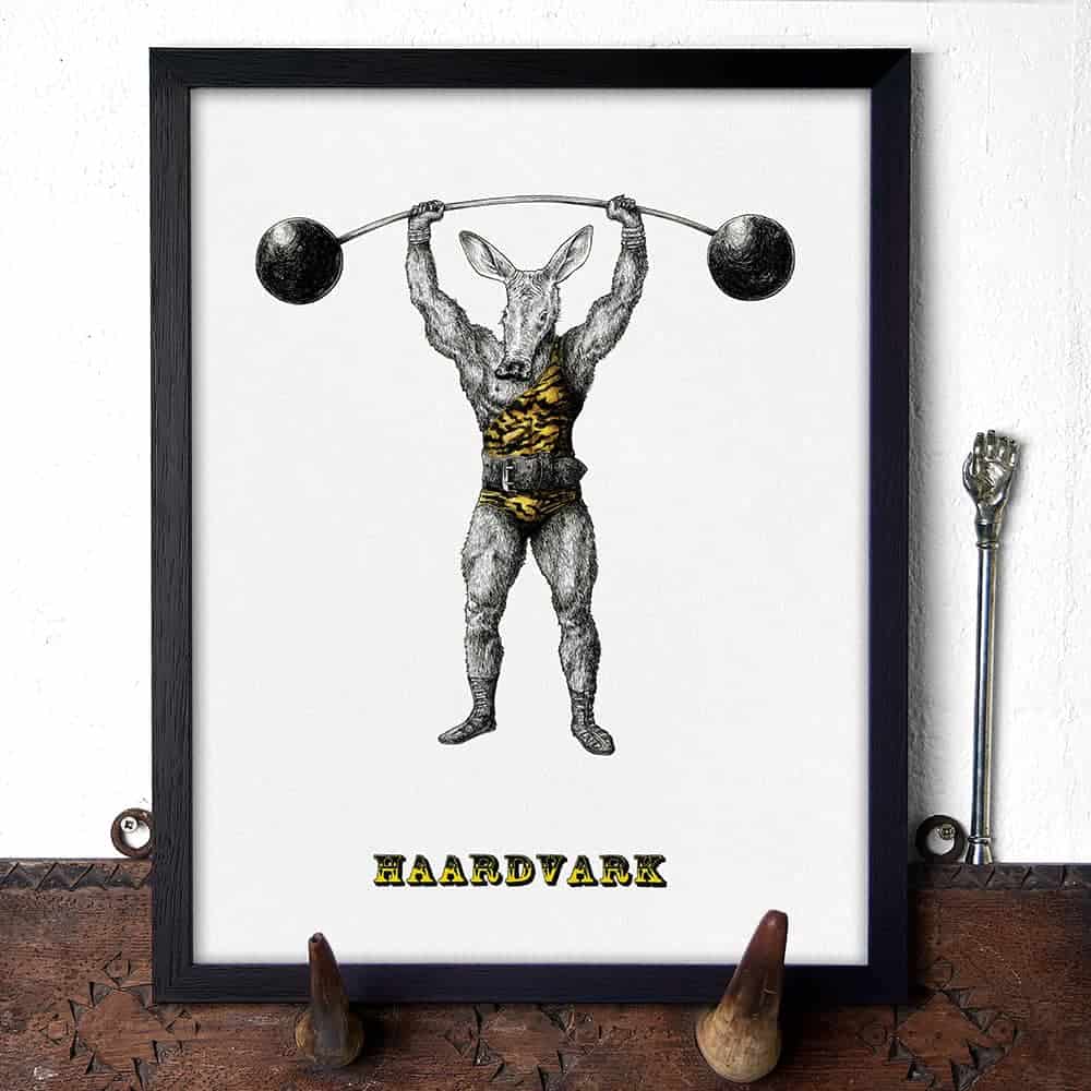 Artwork of a creature lifting weights with 'HAARDVARK' text on a white background.