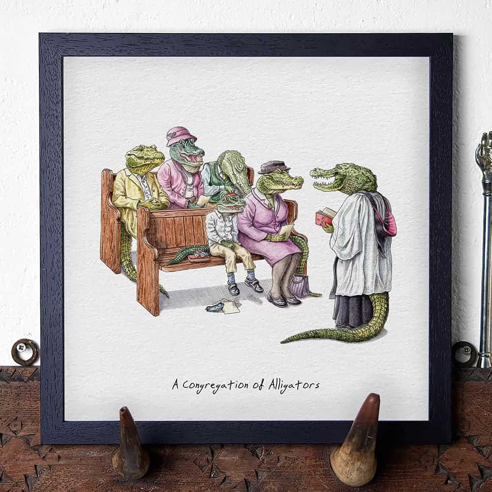 Artwork of alligators in formal attire sitting on church pews.