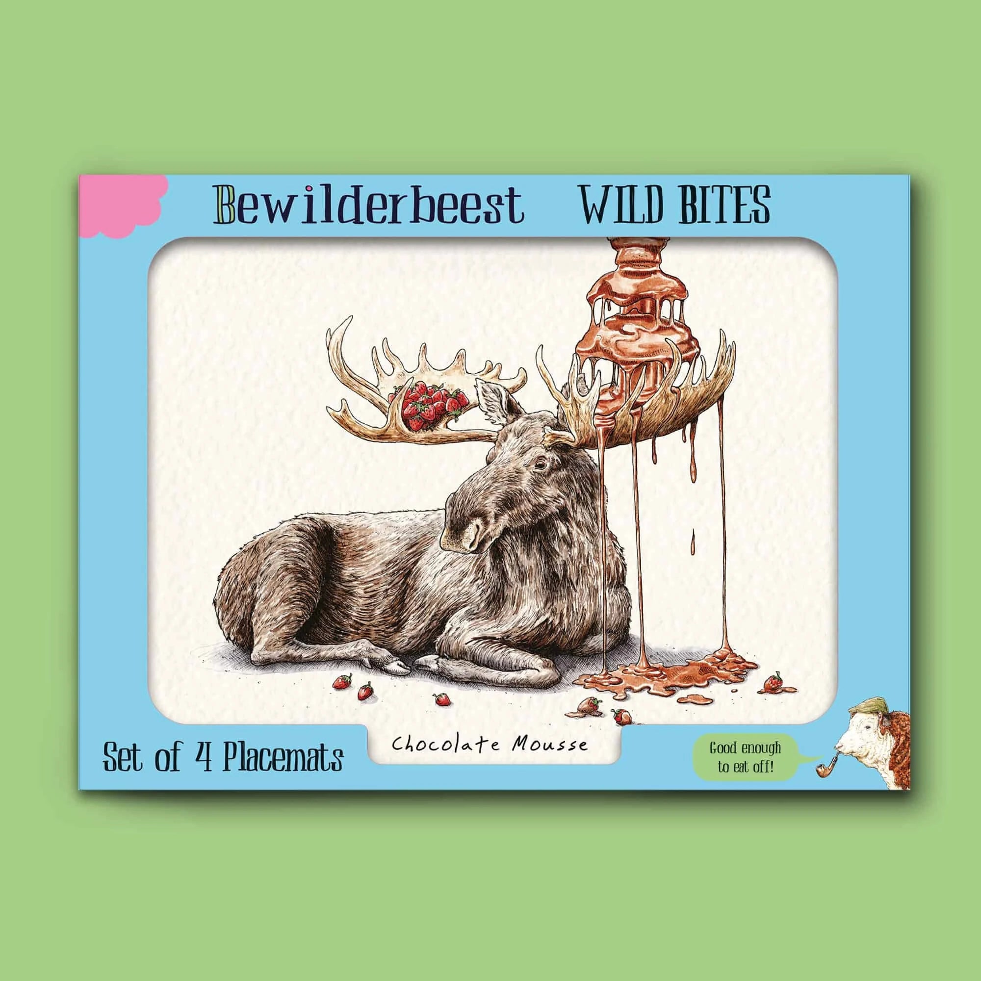 Placemat set with chef's special illustrations and 'Bewilderbeast Wild Bites' branding on a green background