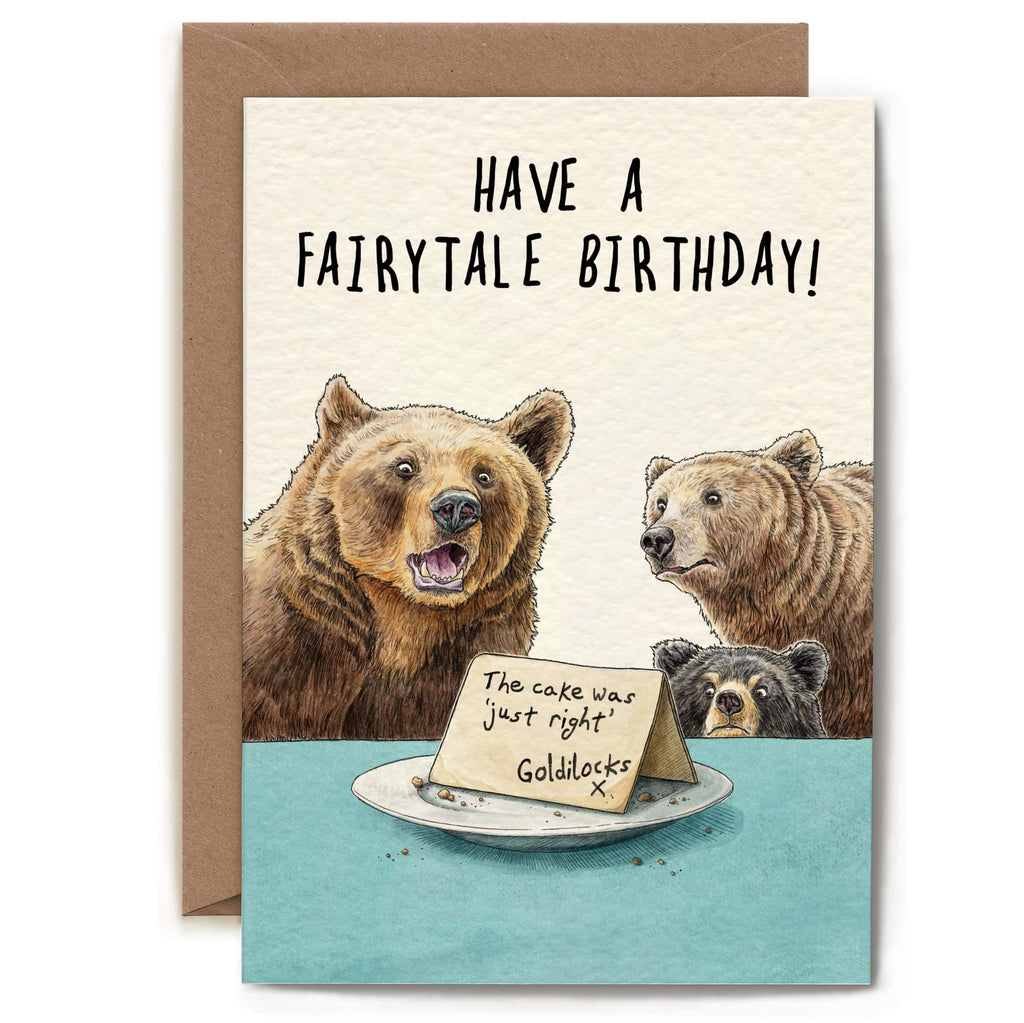 Birthday card with bears and a humorous message about Goldilocks, on a white background.