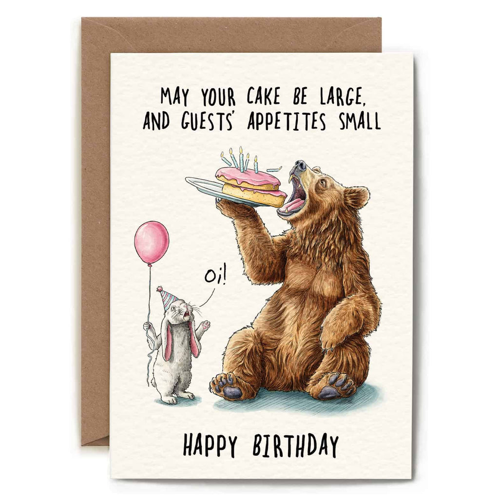 Birthday card with bear and  rabbit illustration and humorous text