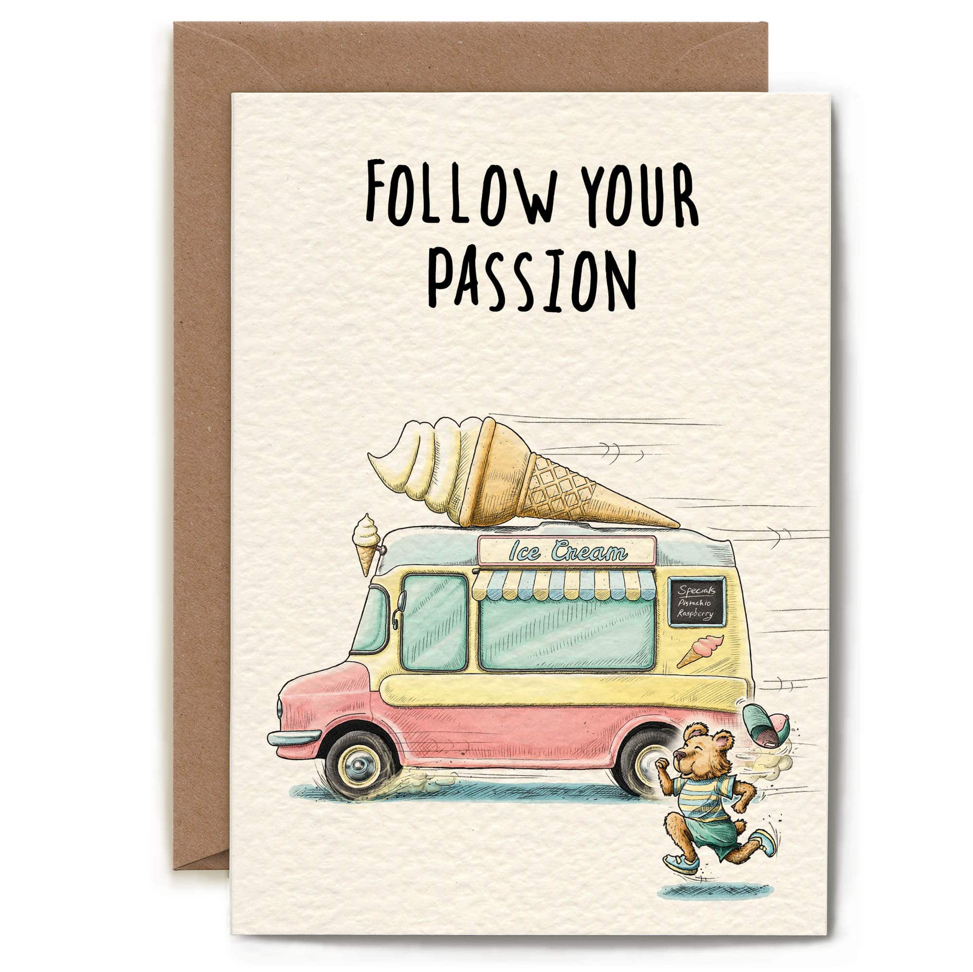 Card with an ice cream truck and bear illustration, featuring the text 'Follow Your Passion'.