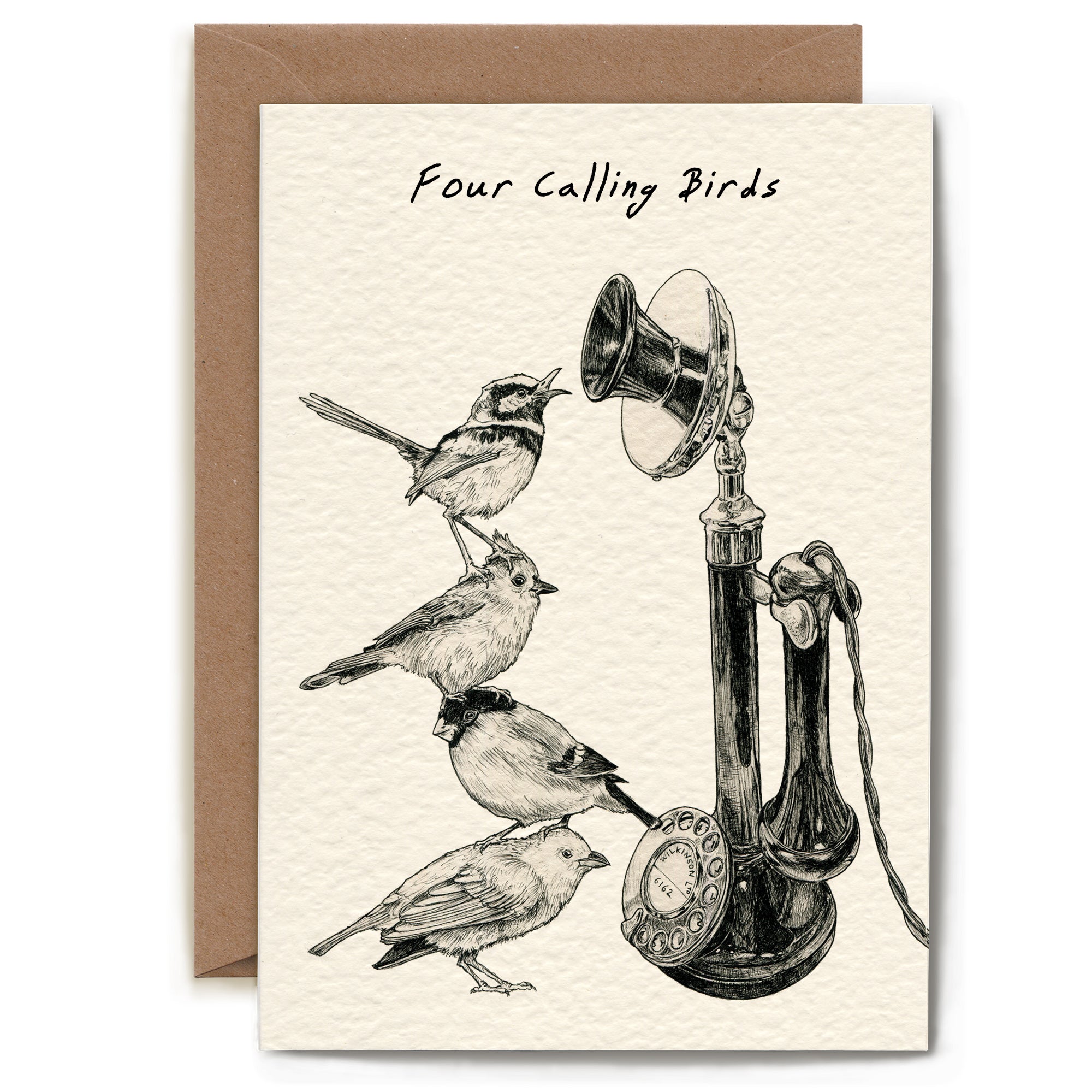 Card with illustration of birds perched on a vintage telephone, featuring the text 'Four Calling Birds'.