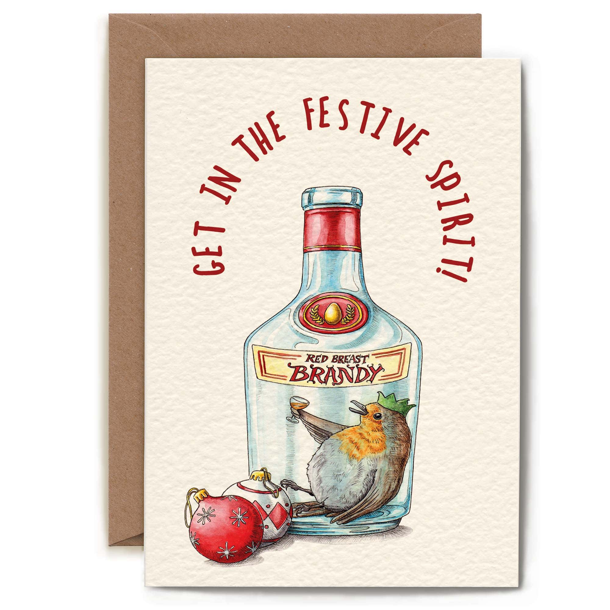 Greeting card with a bottle of brandy and a robin, text 'Get in the festive spirit', on a beige background.