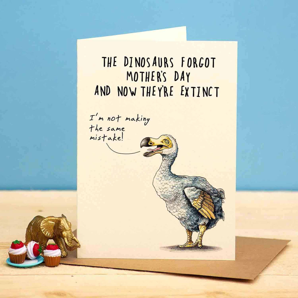 Card with a dodo bird illustration and humorous text on a blue background
