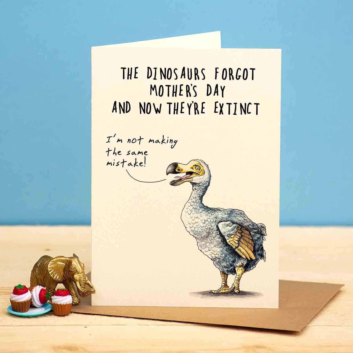 Card with a dodo bird illustration and humorous text on a blue background