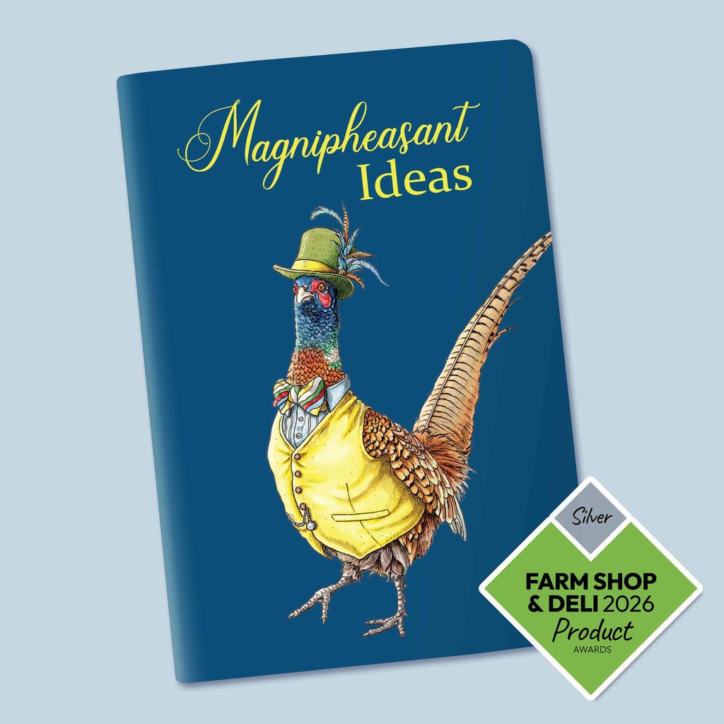 Notebook with a pheasant illustration and 'Magnipheasant Ideas' text on a blue background