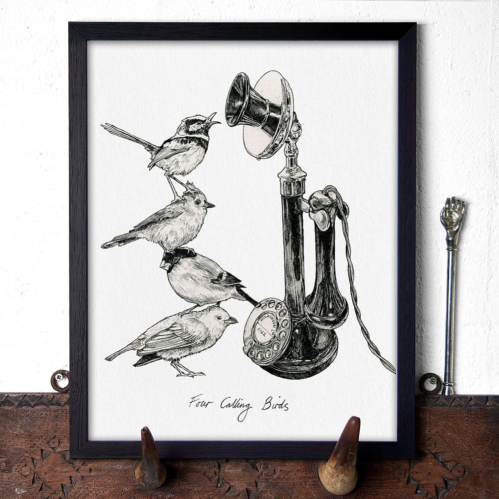 Black and white illustration of birds perched on a vintage telephone.