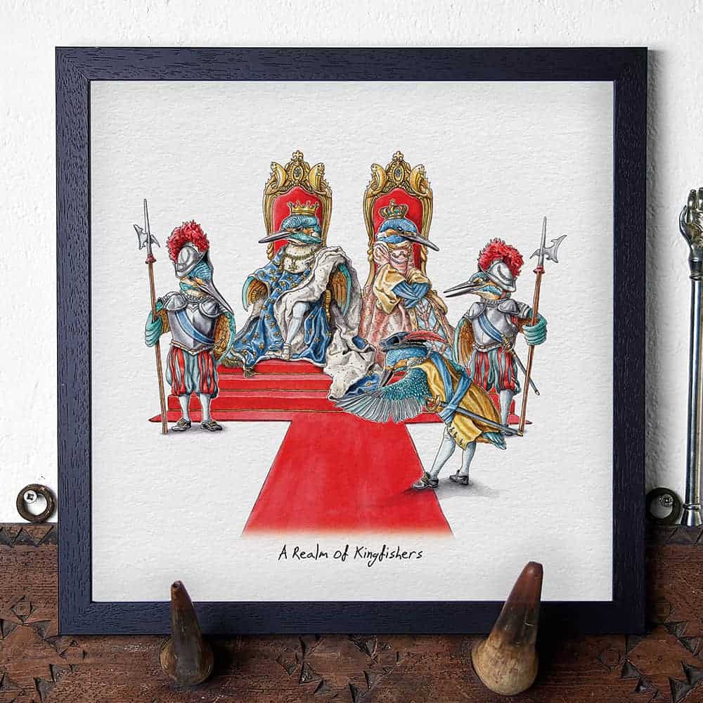 Artwork of a king and queen kingfisher on thrones with guards, titled 'A Realm of Kingfishers'.