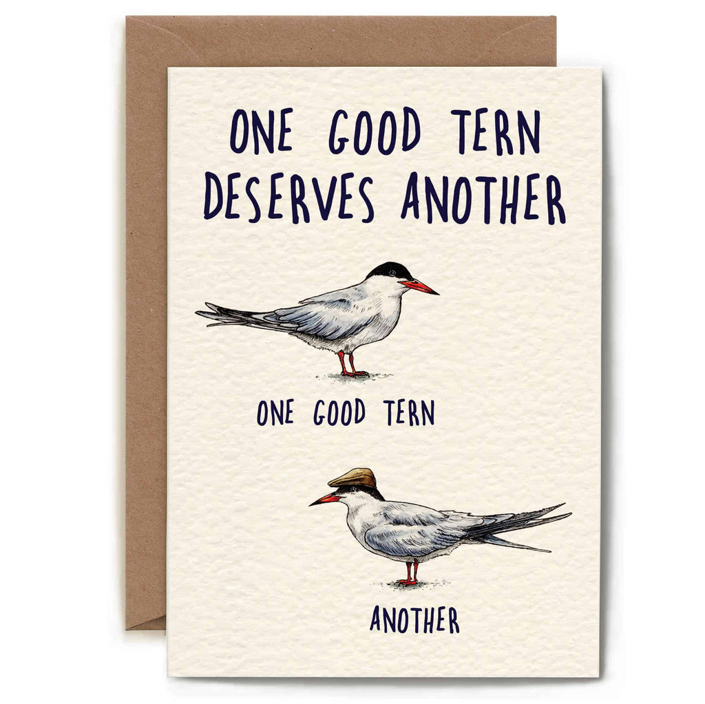Greeting card with two birds and text 'One good tern deserves another' on a white background.