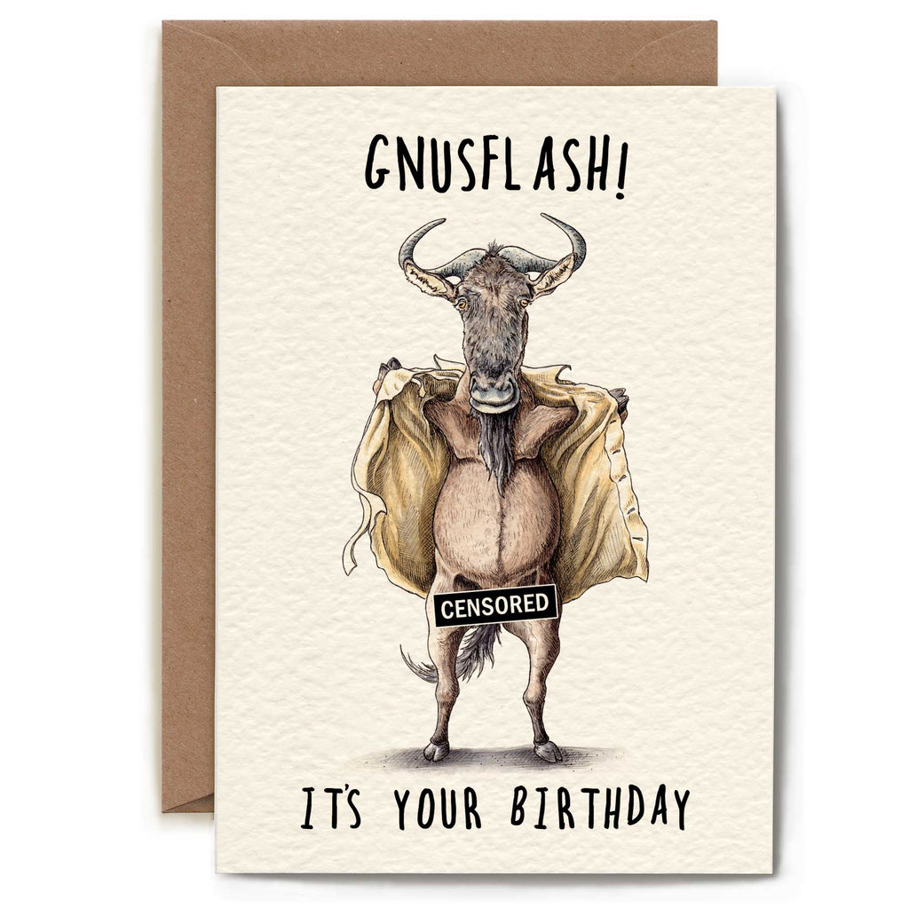 Birthday card with a cartoon gnu wearing a jacket, labeled 'CENSORED', and text 'GNUSFL ASH! IT'S YOUR BIRTHDAY' on a beige background.