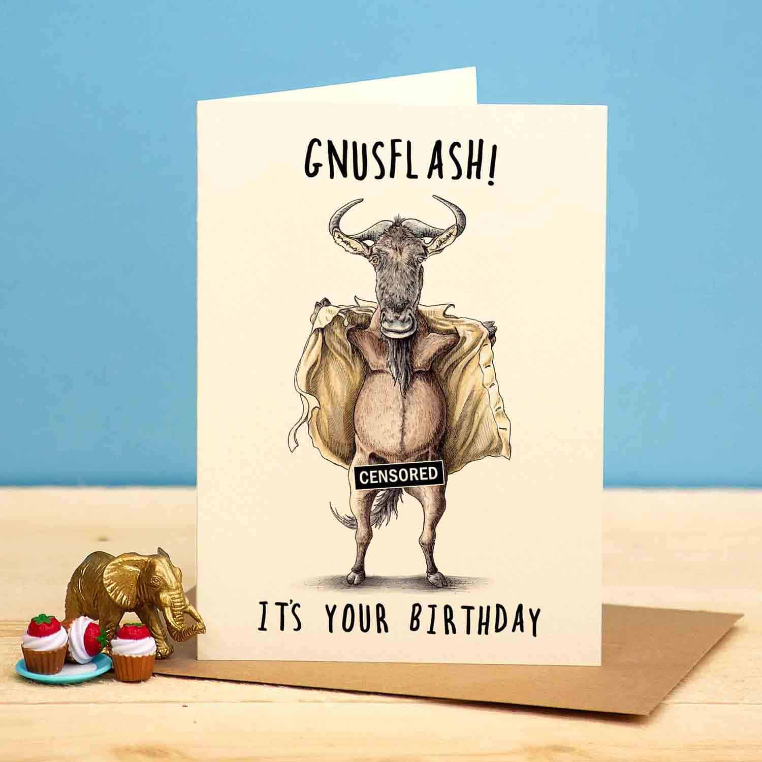 Birthday card with a funny 'censored' illustration and text on a blue background