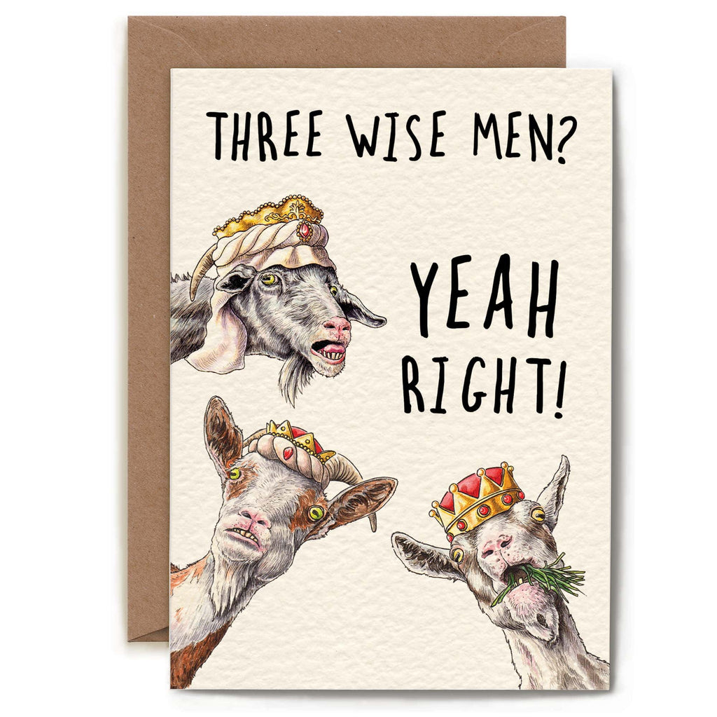 Card with three goats wearing crowns and text 'Three Wise Men? Yeah Right!' on a beige background.