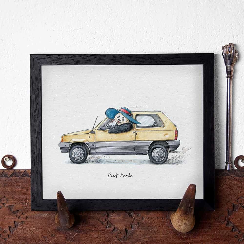 Illustration of a panda driving a Fiat Panda on a white background
