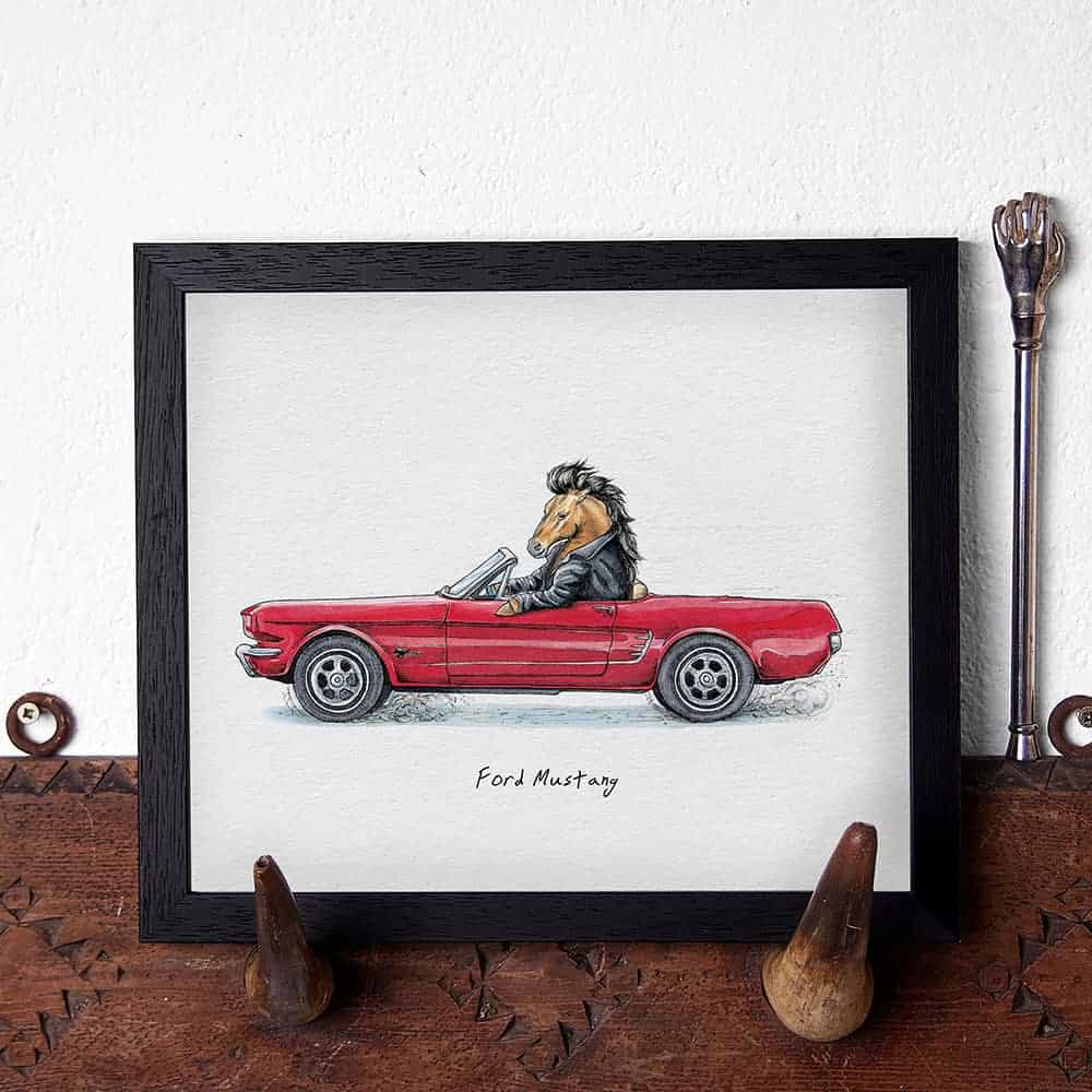 Artwork of a horse and person in a red convertible car on a white background.