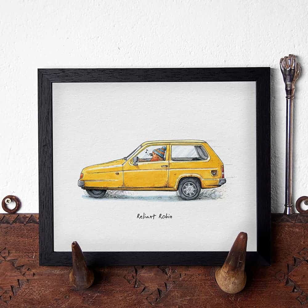 Illustration of a yellow Reliant Robin car on a white background
