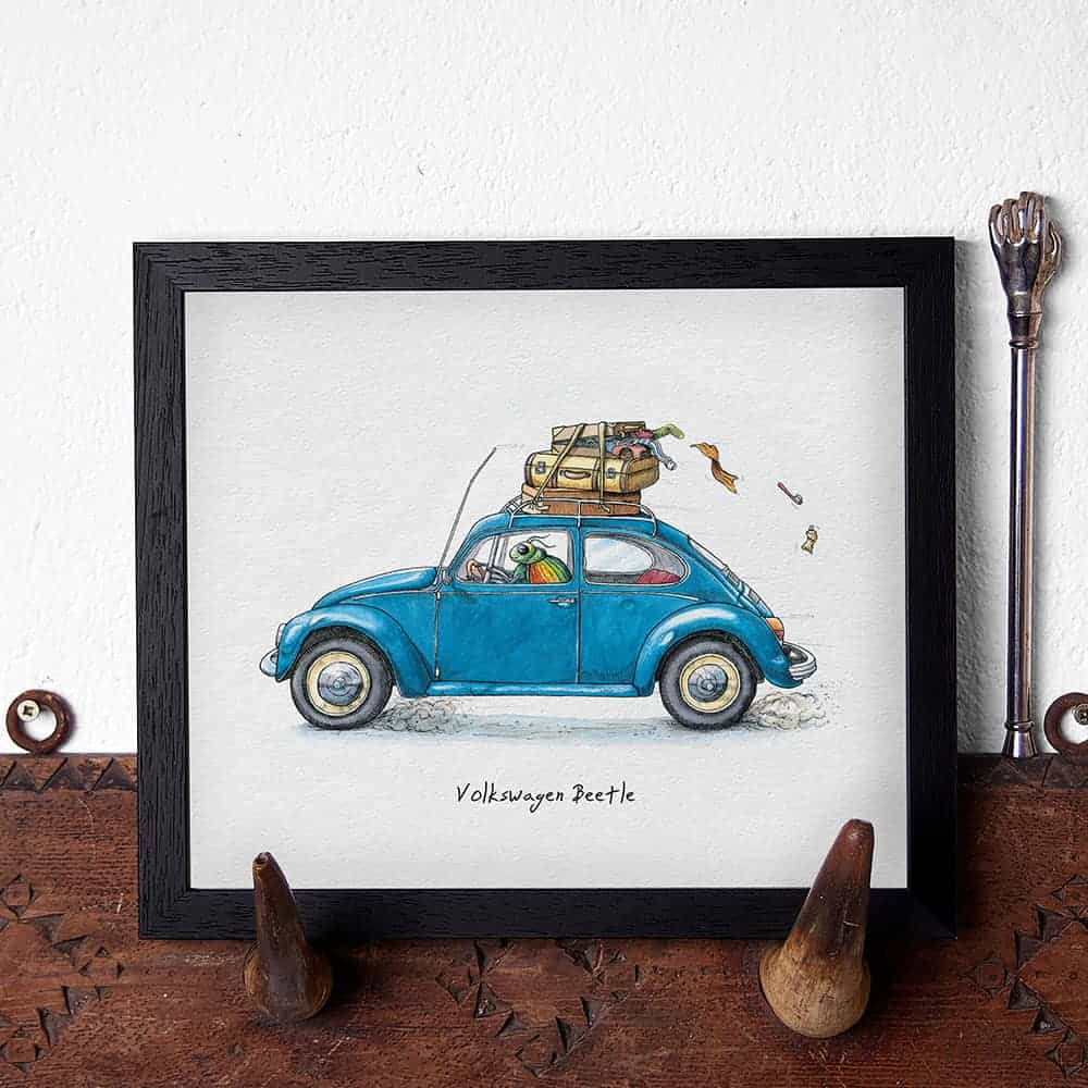 Artwork of a blue Volkswagen Beetle with luggage on a white background