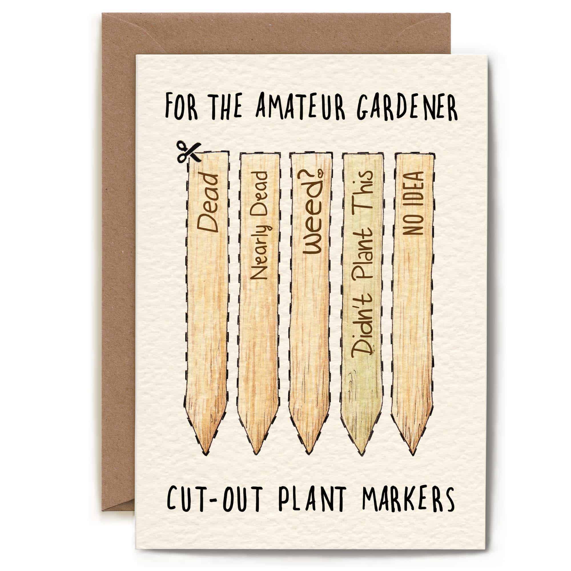 Card with cut-out plant markers and humorous text on a beige background