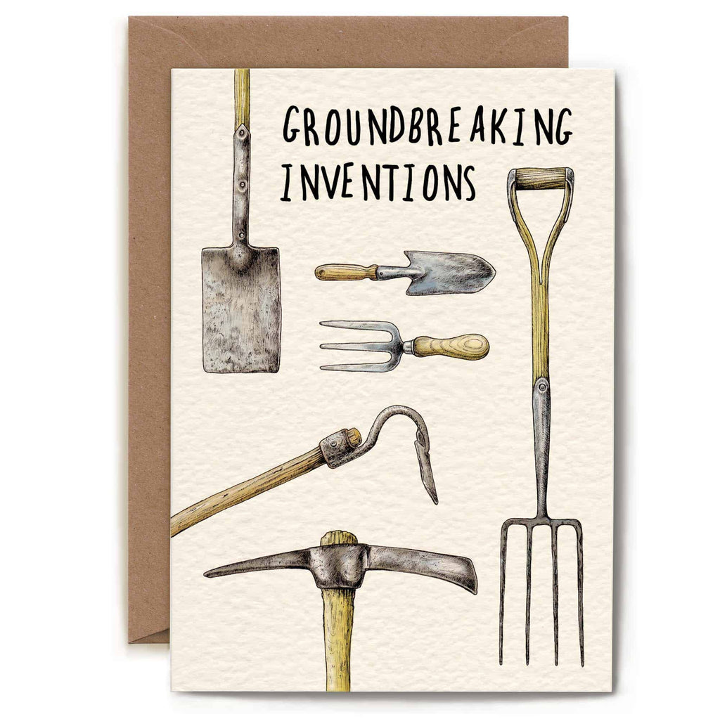 Greeting card with illustrations of vintage gardening tools and text 'Groundbreaking Inventions' on a beige background.