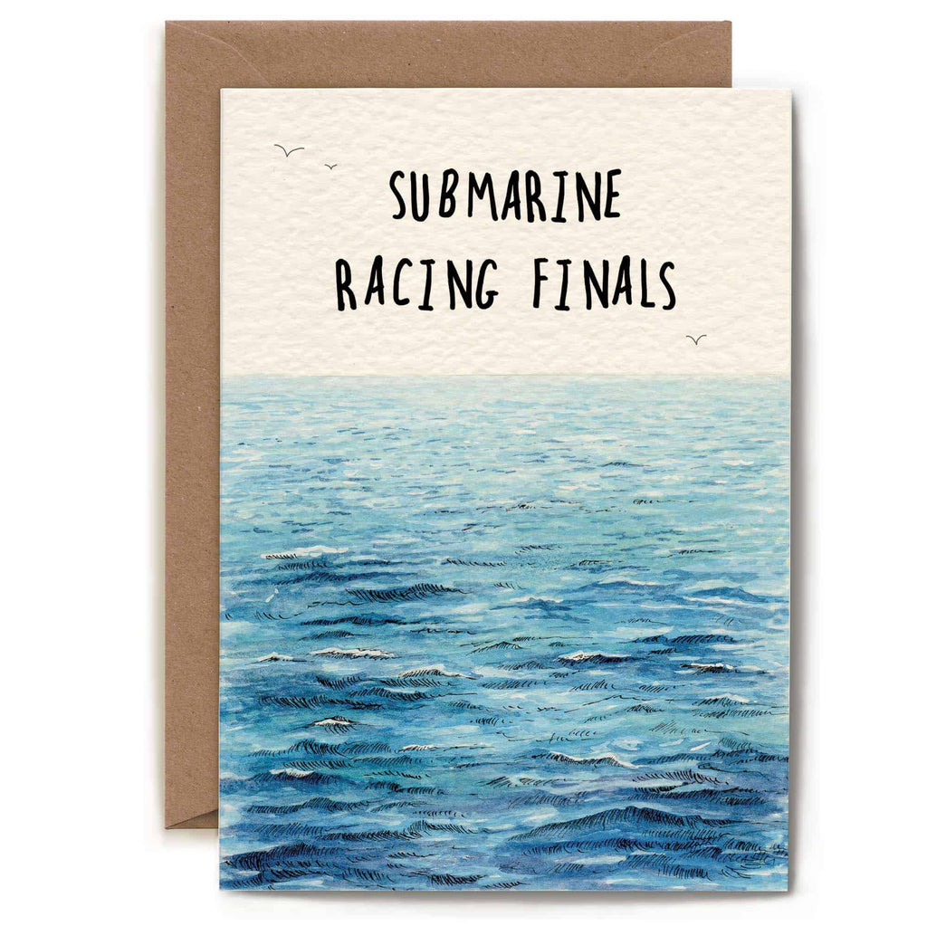 Greeting card with ocean painting and 'Submarine Racing Finals' text
