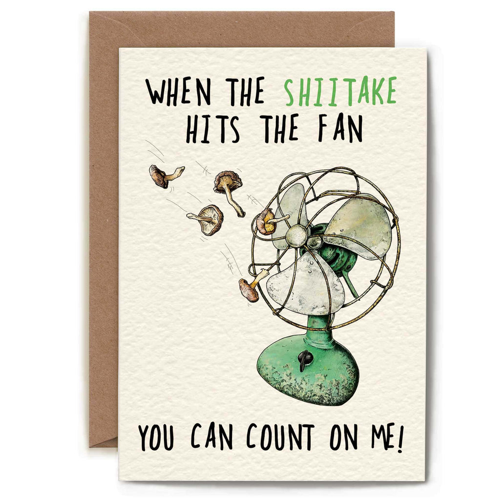 Card with a vintage-style illustration of a fan and mushrooms, with text on a beige background.