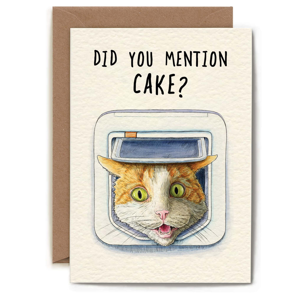 Card with a cat illustration and text 'Did you mention cake?' on a white background
