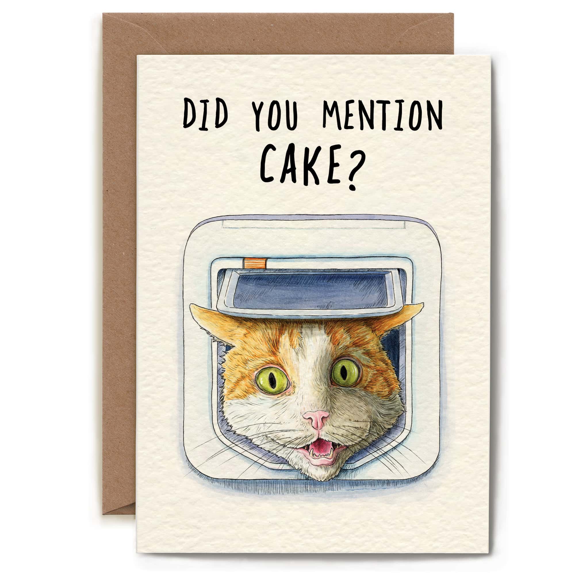 Card with a cat illustration and text 'Did you mention cake?' on a white background