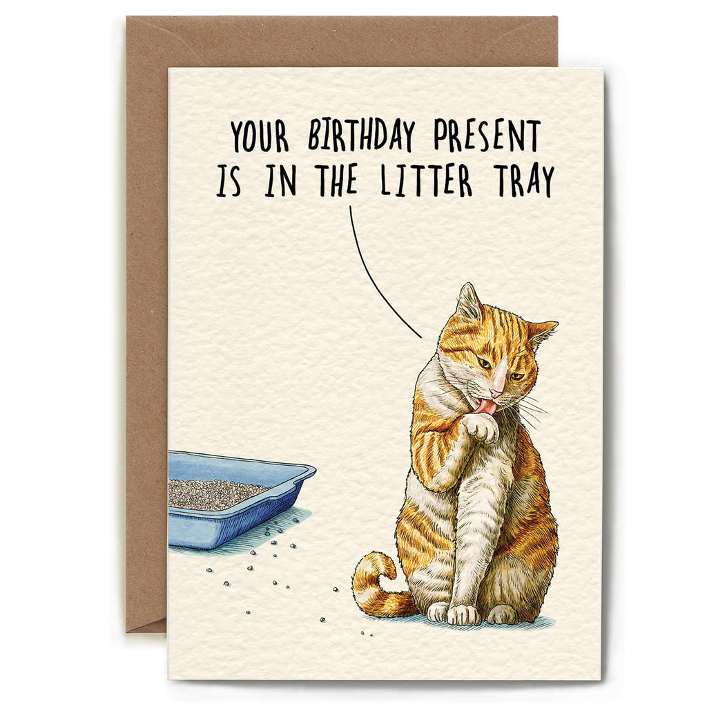 Card with a cat illustration and text about a birthday present in the litter tray, on a beige background.